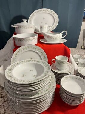 White Dinnerware Set with Delicate Green Floral Band - Unbranded